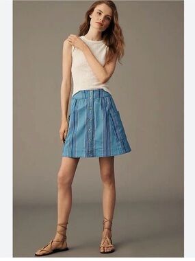 Pilcro Anthropologie Blue Striped Button-Front A-Line Skirt